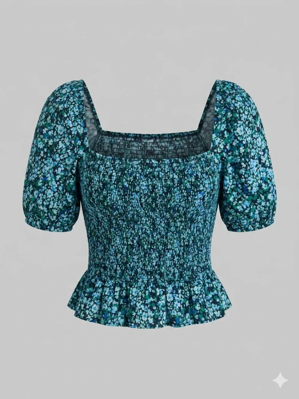 J. Crew Teal Floral Smocked Square-Neck Puff Sleeve Top